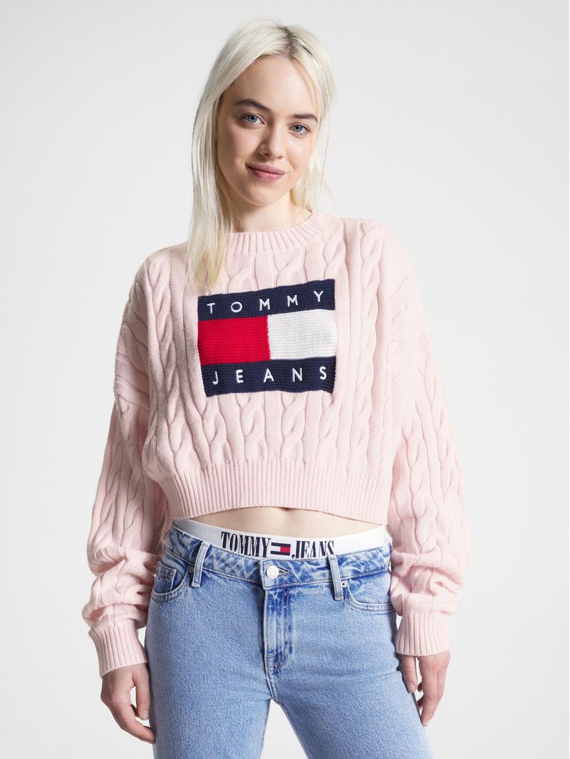 Sweater-cropped-de-punto-trenzado-con-logo