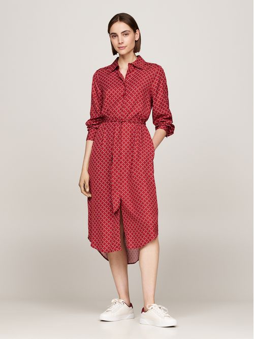 Vestido midi con cinturón y monotipo